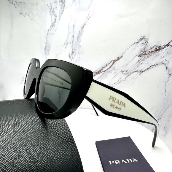New PRADA Sunglasses Black White Talc Gold Symbole Oval Cat Eye Womens